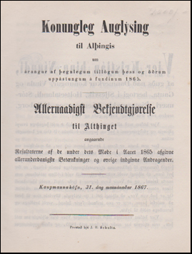 Konungleg auglsing til alingis um rangur af egnlegum tillgum ess og rum uppstungum  fundinum 1865 # 49047