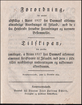 Tilskipan sem tvdkar mislegar  Arinu 1827 # 83852