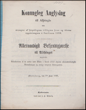 Konungleg Auglsing til Alingis um rangur af egnlegum tillgum ess og rum uppstungum  fundinum 1859 # 51520