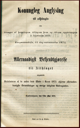 Konungleg Auglsing til alingis um rangur af egnlegum tillgum ess og rum uppstungum  fundinum 1871 # 13739