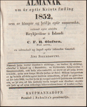 Almanak um ár eptir Krists fæðing 1852 # 70036