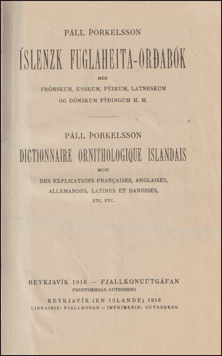 Íslenzk fuglaheita-orðabók með frönskum, þýskum, latneskum og dönskum þýðingum # 89258