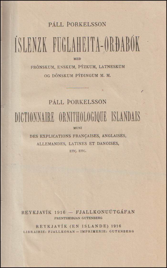 Íslenzk fuglaheita-orðabók með frönskum, þýskum, latneskum og dönskum þýðingum # 89258