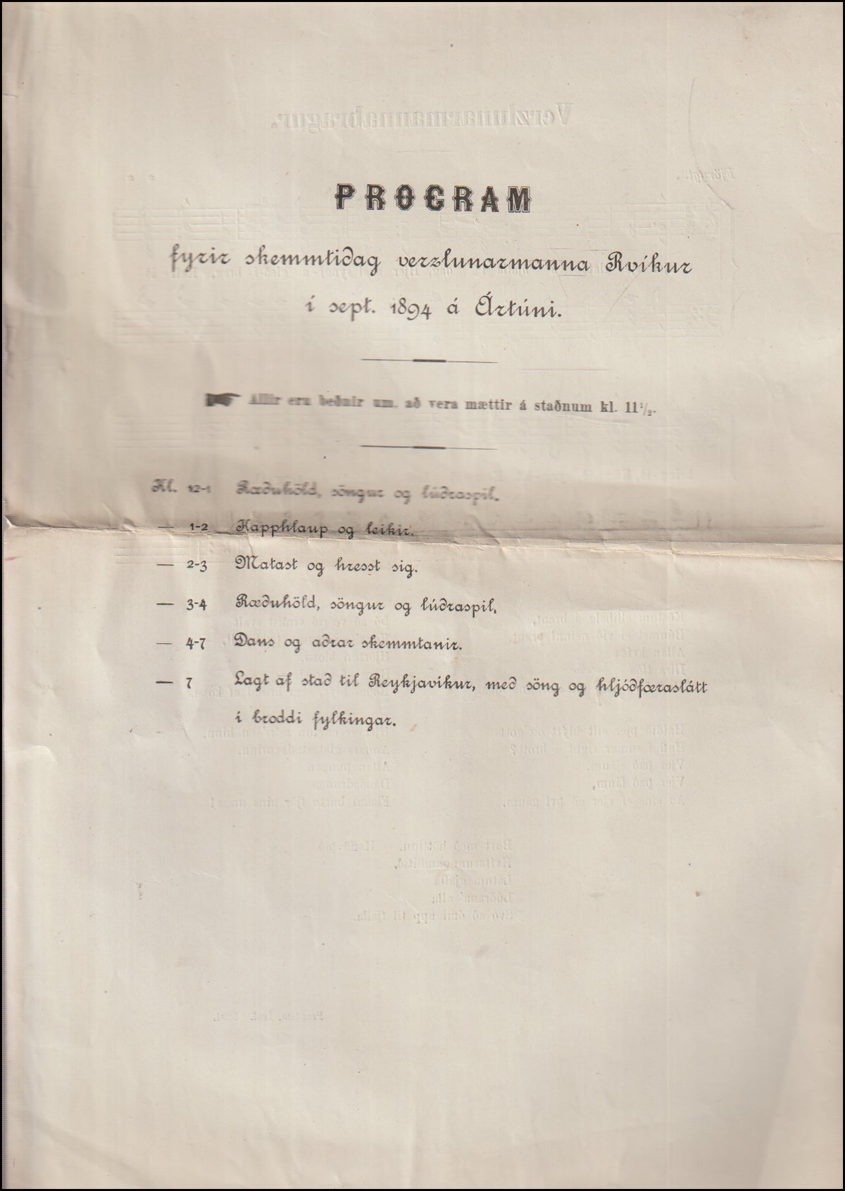 Programm fyrir skemmtidag verzlunarmanna í sept. 1894 á Ártúni # 89487