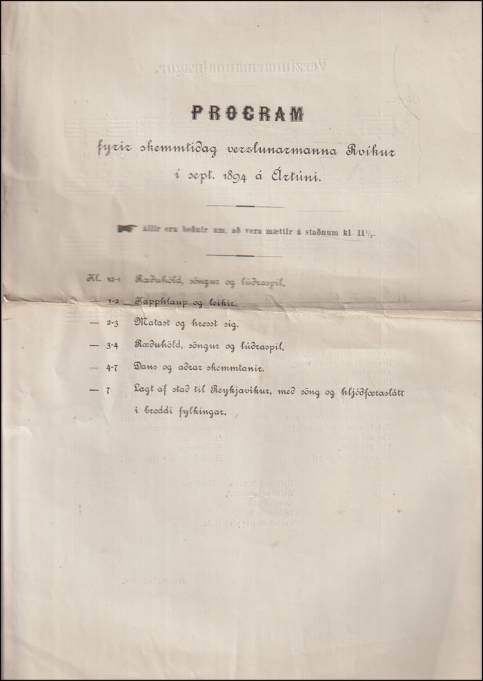 Programm fyrir skemmtidag verzlunarmanna í sept. 1894 á Ártúni # 89487