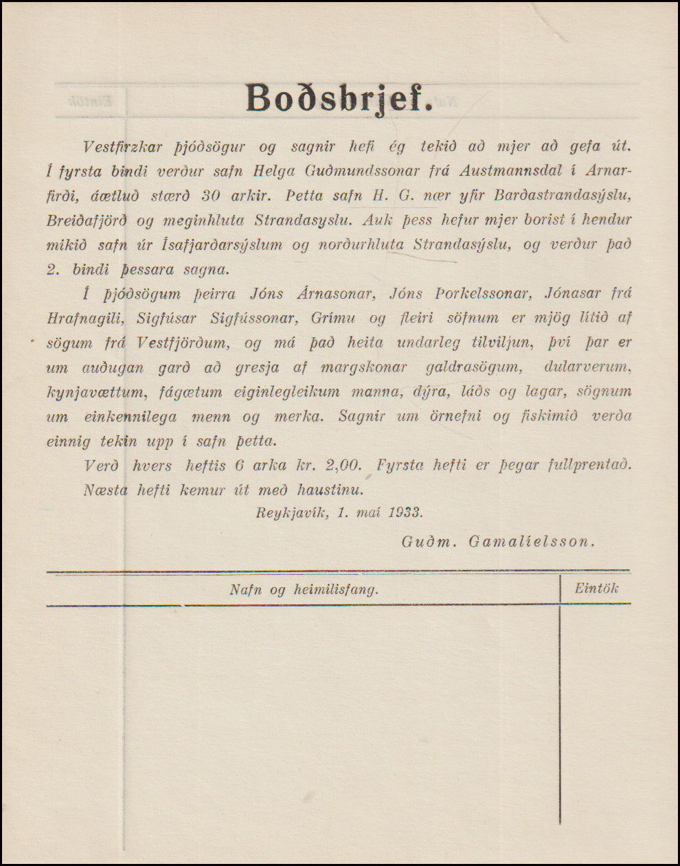 Boðsbrjef. Vestfirzkar þjóðsögur og sagnir # 89890